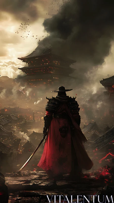 Digital painting of lone samurai over burning feudal citadel.