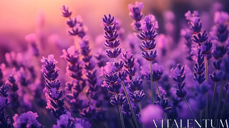 Purple lavender flowers in soft focus field composition