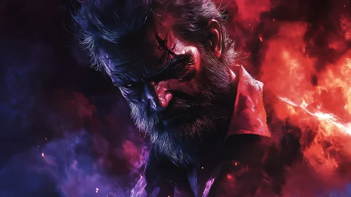 Scorched resolve in crimson storm and violet shadowed smoke.