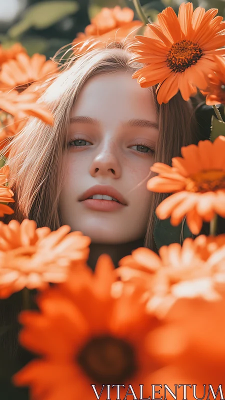 High-key floral portrait with shallow-depth facial isolation.