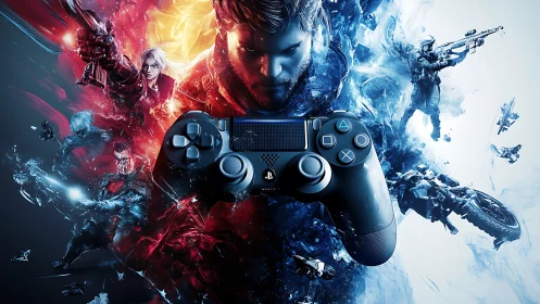 Game worlds collide around a blazing blue DualShock controller.