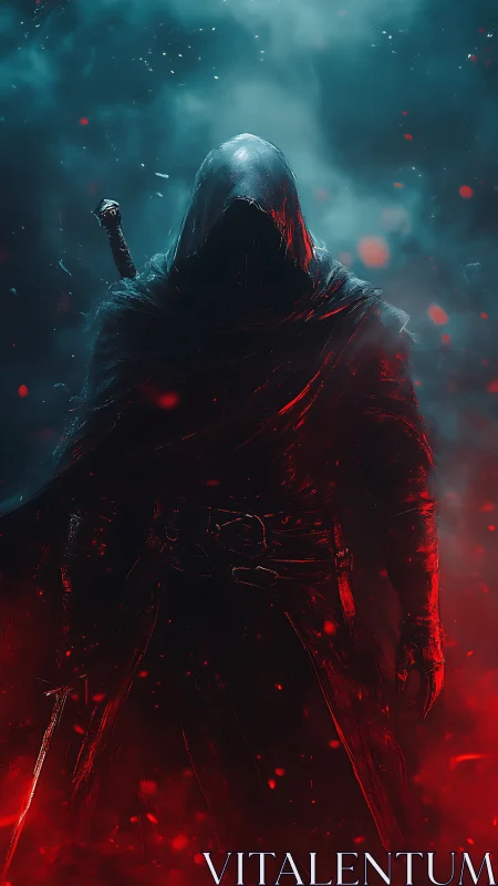 Hooded armed figure in red and blue atmospheric haze.