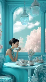 Turquoise morning pauses as elegant woman savors quiet tea