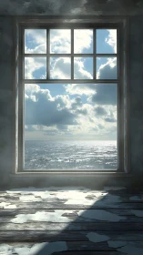 Weathered interior window framing high-contrast seascape lighting