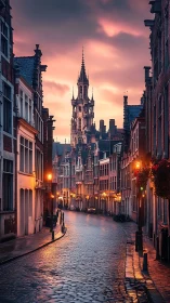 Gothic tower over wet cobblestone street at sunset glow.