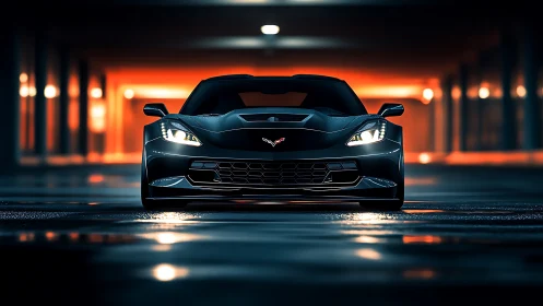 Front view of black sports car in illuminated parking garage.