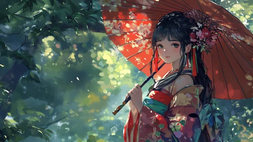 Kimono-clad girl under red parasol in dappled forest light.