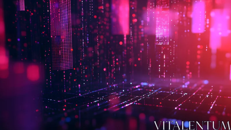 Futuristic digital cityscape with neon lights and glowing grids.