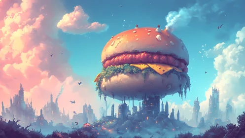 Colossal floating burger city drifts above a pastel skyline