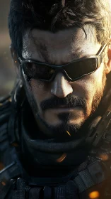 Tactical soldier portrait with combat gear and reflective shades.