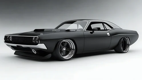 Low-slung black muscle car rendered in sleek 3D style.