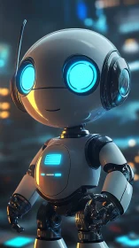 Friendly futuristic robot glows softly in a neon cityscape