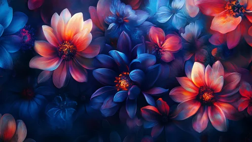 Luminous Flowers in Vibrant Blue and Coral Hues.