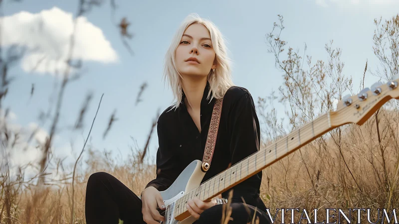 Blonde guitarist sits in dry field under clear blue sky