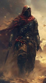 Armored desert rogue advancing through stormlit sandscape