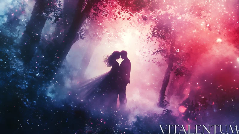 Silhouetted couple kissing surrounded by colorful sparkle particles.