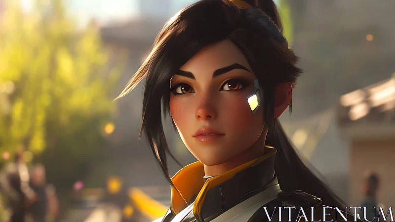 Female cyborg portrait in outdoor urban environment.