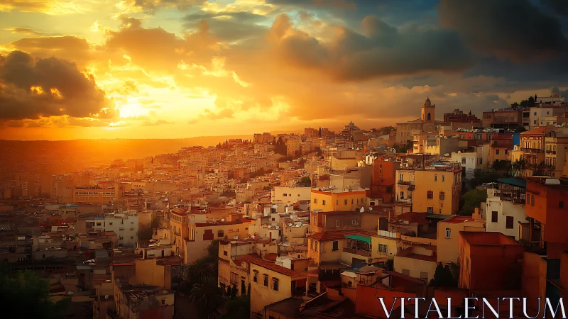 Glowing sunset bathes a hillside city in warm golden light