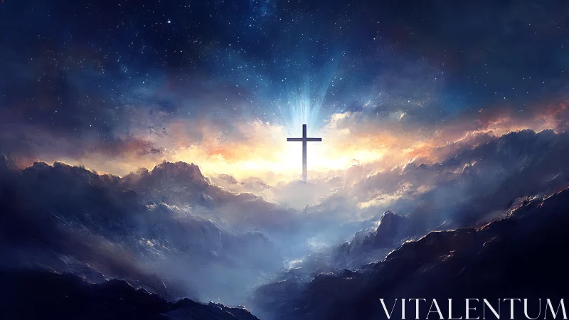 Radiant cross rising above glowing clouds and starlit sky.