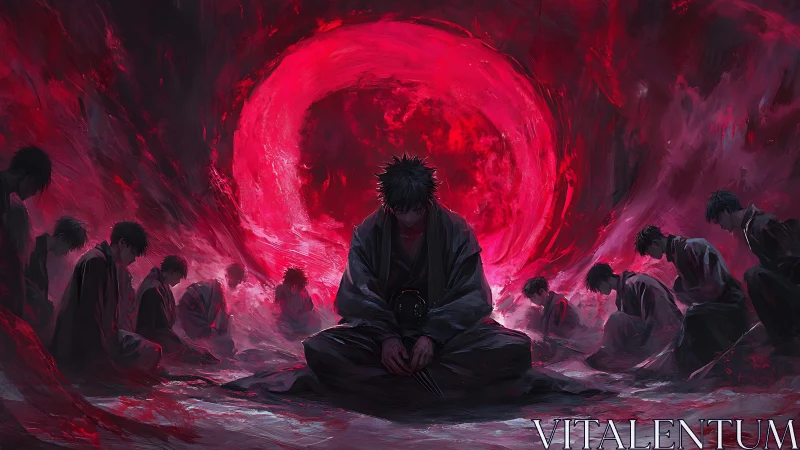 Samurai conclave beneath incandescent crimson eclipse vortex