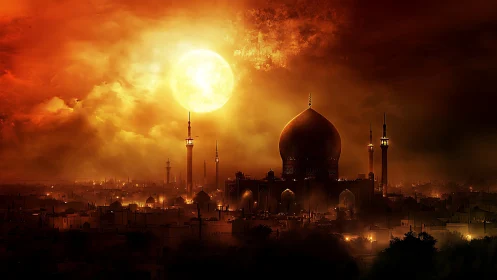 Silhouette of domed mosque and city under large setting sun.