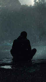 Solitary silhouette meditating on wet rock in heavy rain.