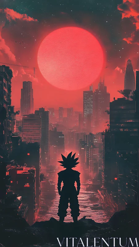 Spiky-haired warrior faces red sun over ruined megacity.