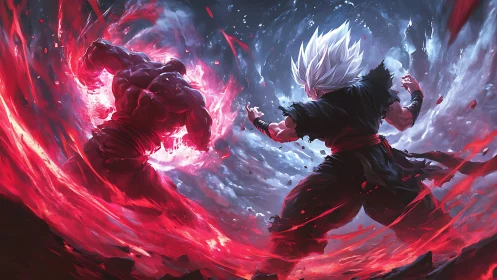 Two energy-enhanced fighters engage in a circular clash field