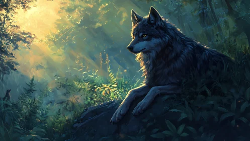 Wolf lies on forest rock while sunlight filters through trees