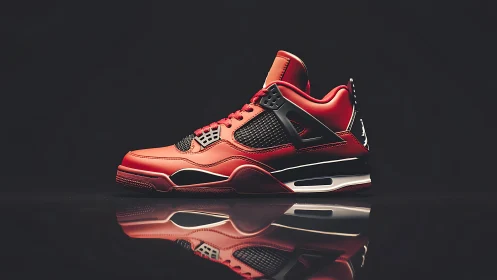 Red performance sneaker on glossy reflective studio surface.