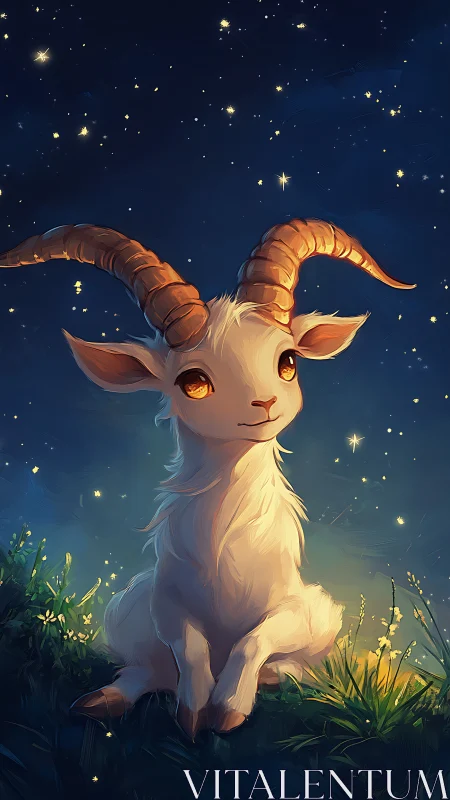 Gentle starry night goat resting under a glowing sky.