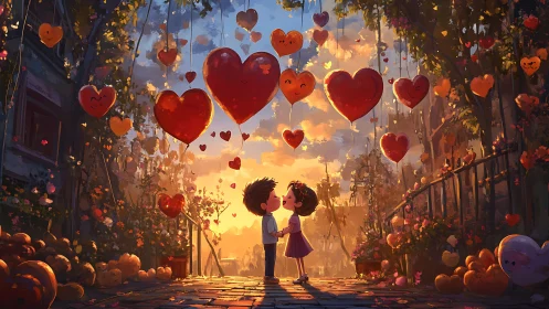 Two Children Kiss Under Glowing Heart Canopy.