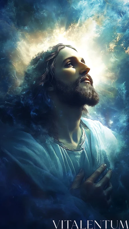 Digital painting of luminous ascendant figure in celestial haze.