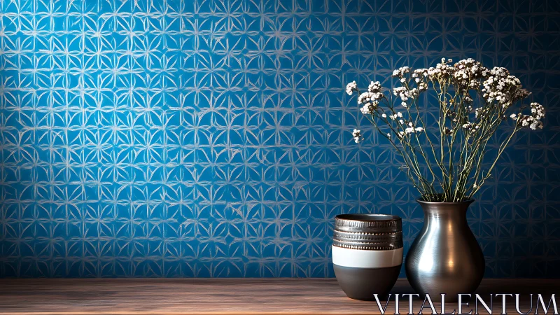 Metallic vase with white flowers against blue geometric wall.