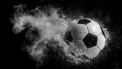 Dynamic soccer ball bursting through swirling silver spray.