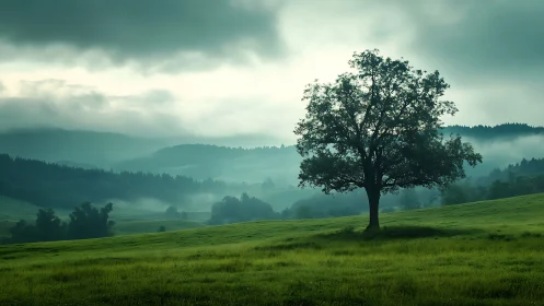 Single tree in misty green valley under soft morning clouds.