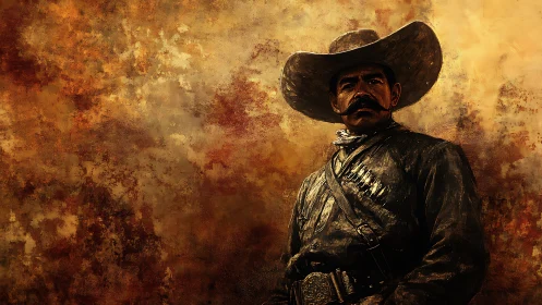 Stoic desert gunslinger wrapped in molten sunset duststorm.