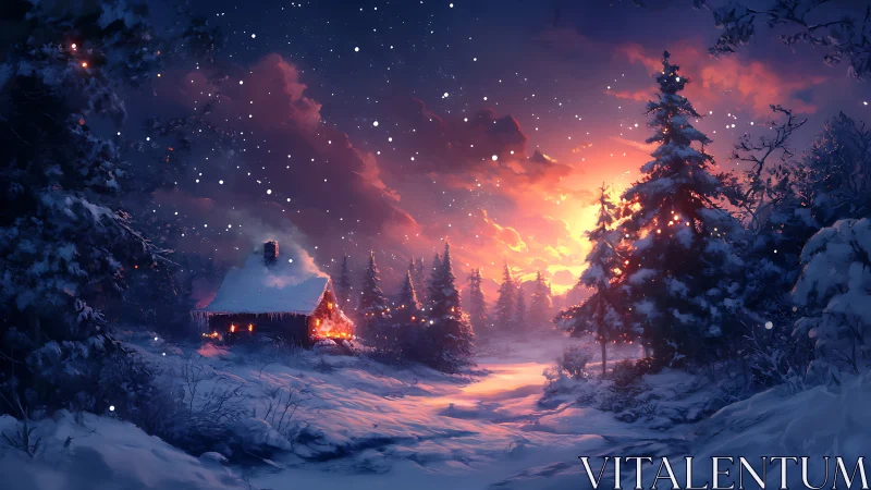 Cozy winter cabin glowing softly beneath a dreamy sunset.