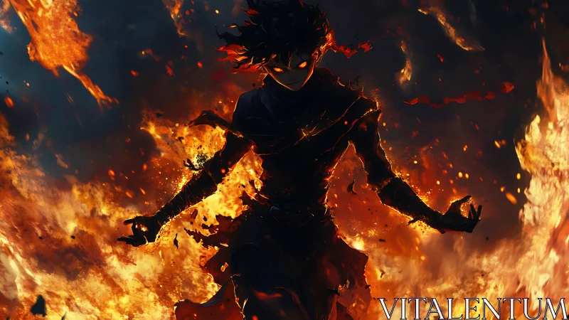 Fiery humanoid figure stands in dark flames with glowing eyes