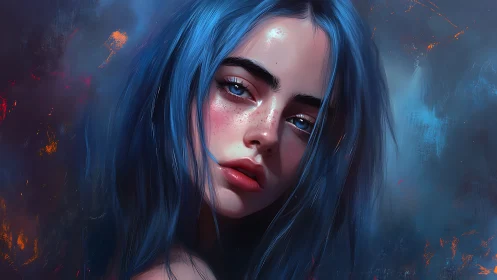 Blue haired daydreamer glows in moody nebula haze.