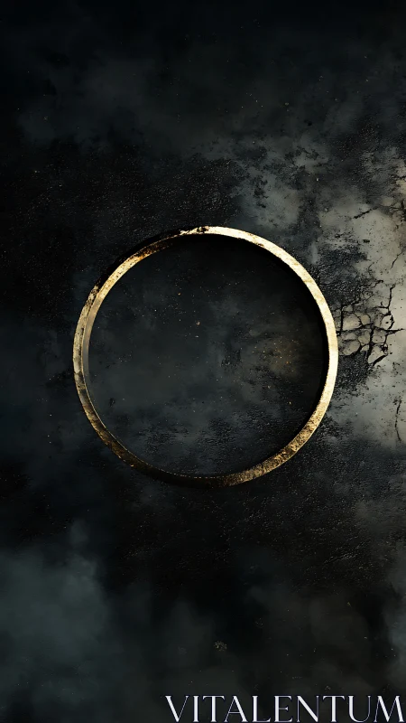 Weathered metallic ring floats above cracked, smoky ground