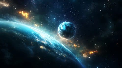 Gentle blue worlds drifting together in a glowing galaxy.