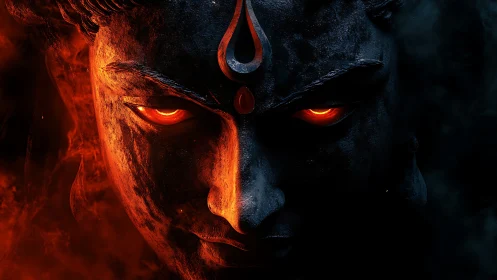 Molten-eyed stone deity mask in asymmetric red black lighting