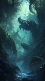 Feral thorn-serpents coil through a luminous abyssal jungle.