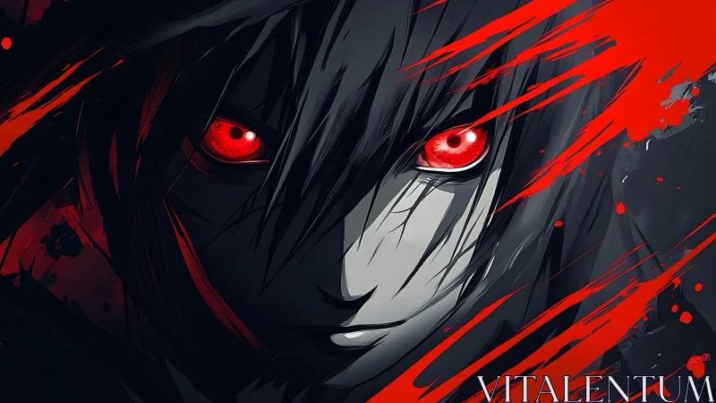 Bloodlit stare of a shadowed avenger in crimson shards.