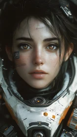 Star-scarred pilot girl in luminous white exosuit stare down.