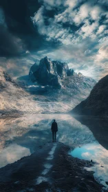 Solitary figure confronting mirrored glacial peaks at dusk