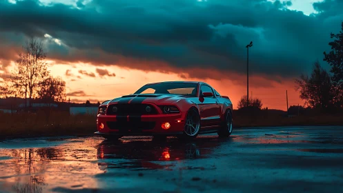 Red muscle car cuts wet asphalt under stormy sunset sky.