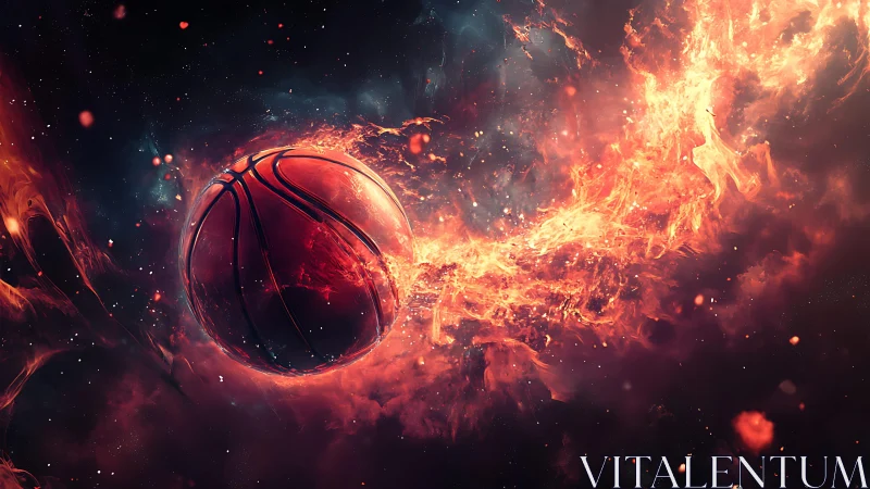 Basketball surrounded by fiery cosmic energy trail.