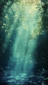 Sunlight shafts penetrate dense forest canopy to streambed